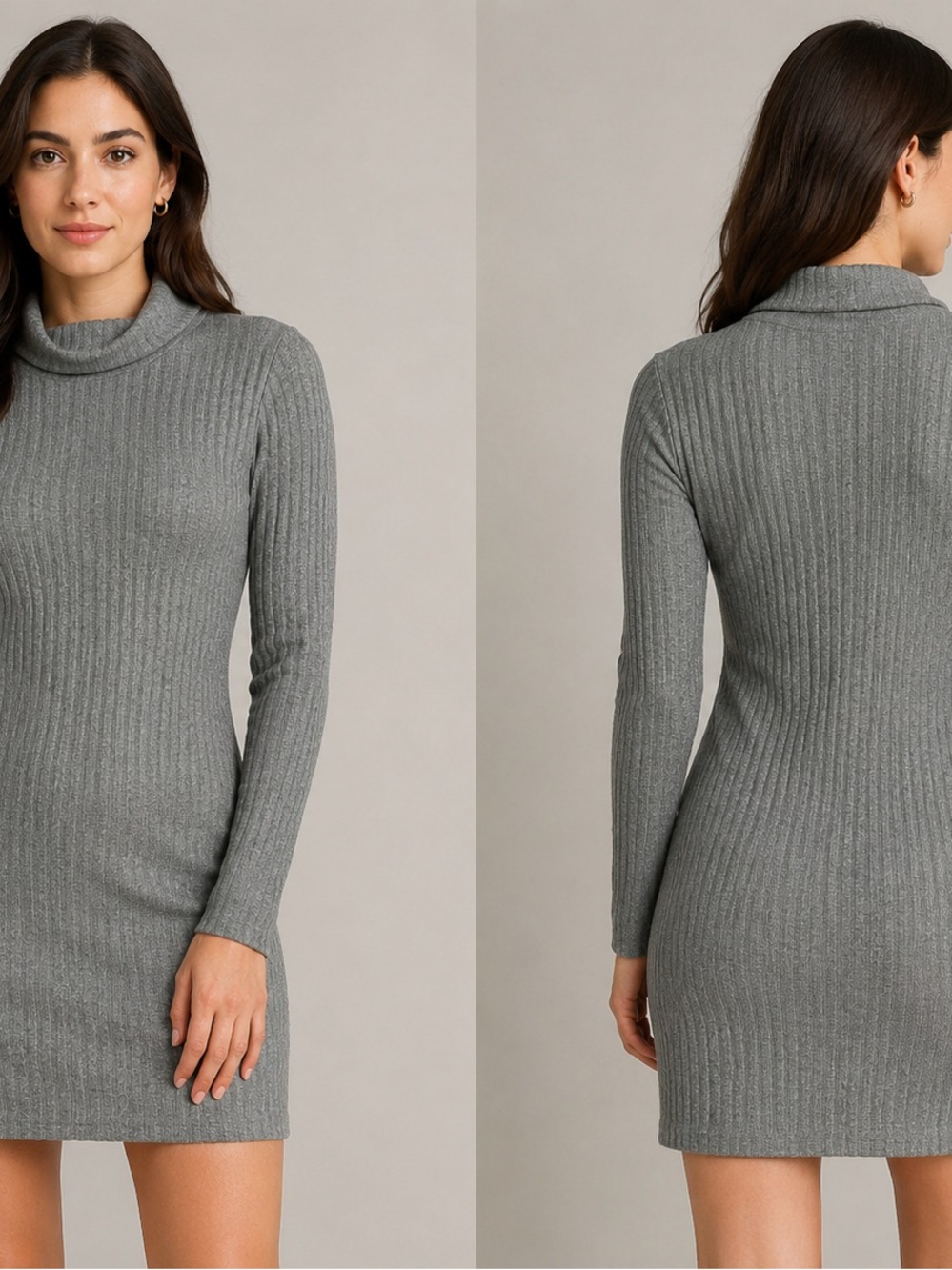 Ribbed Turtleneck Bodycon Dress - Grey